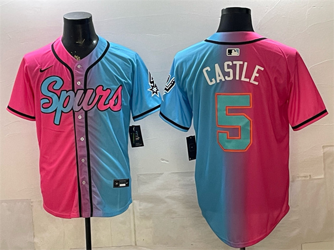 Men's San Antonio Spurs #5 Stephon Castle Pink/Blue Limited Stitched Baseball Jersey
